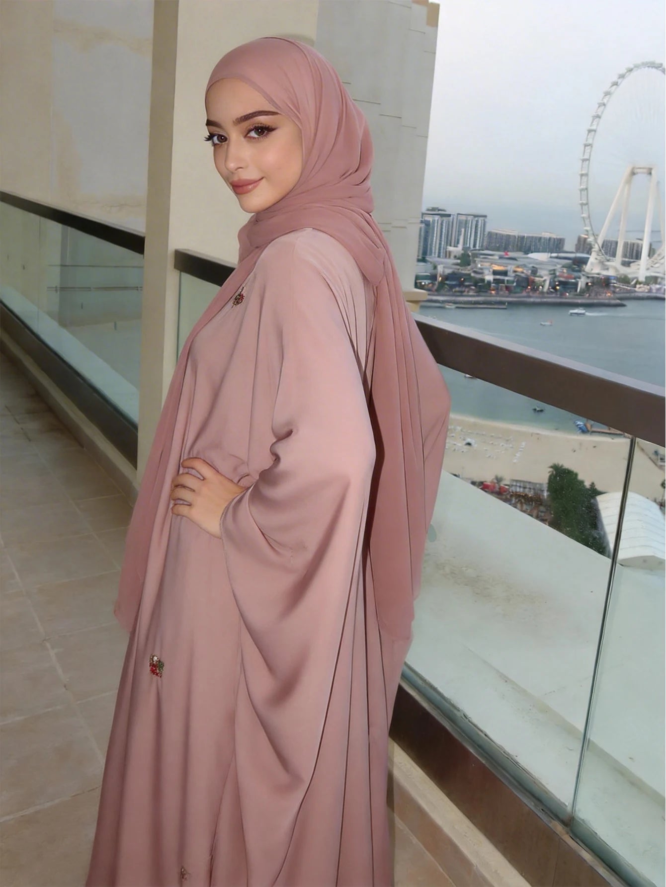 Pink Batwing Sleeve Abaya – Open Front Robe, One Size | AbayaVida