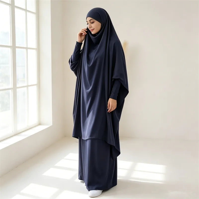 Eid Djellaba Kebaya Two-Piece Set – Hooded Satin Khimar & Skirt, One Size