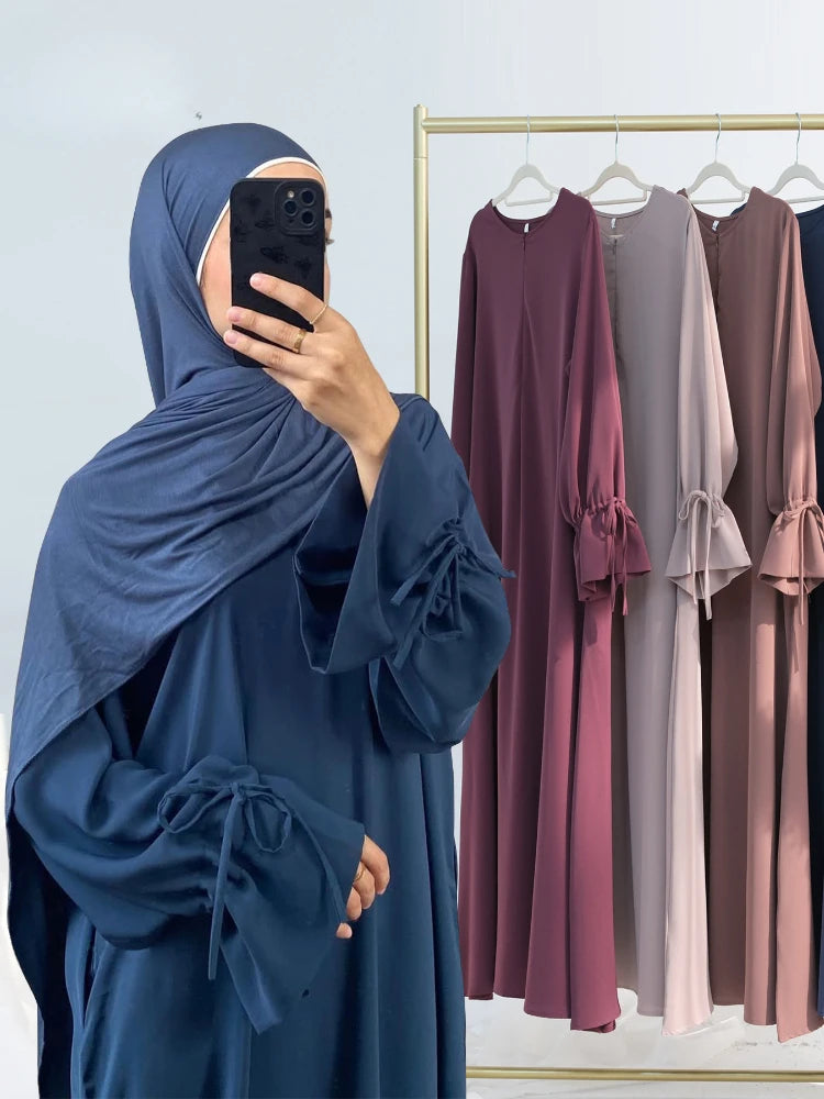 Bow Lace-Up Eid Dress – Adjustable Waist Festival Robe - Dark Pink - M | AbayaVida