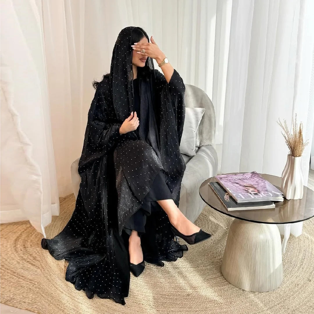 Wave Point Open Kimono Abaya – Black Layering Robe