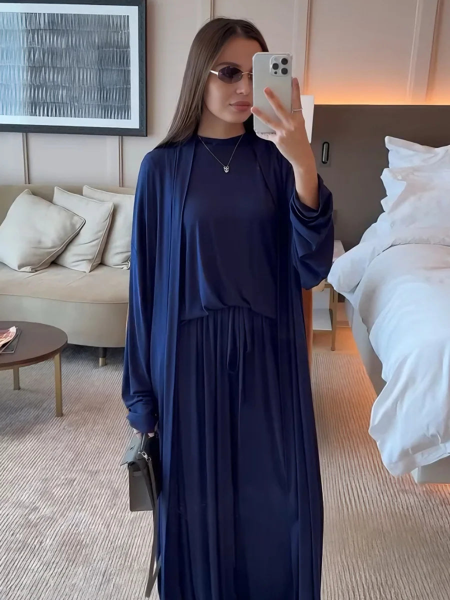 Dubai Three-Piece Abaya Set – Cardigan, Top & Trousers Coordinated Outfit
