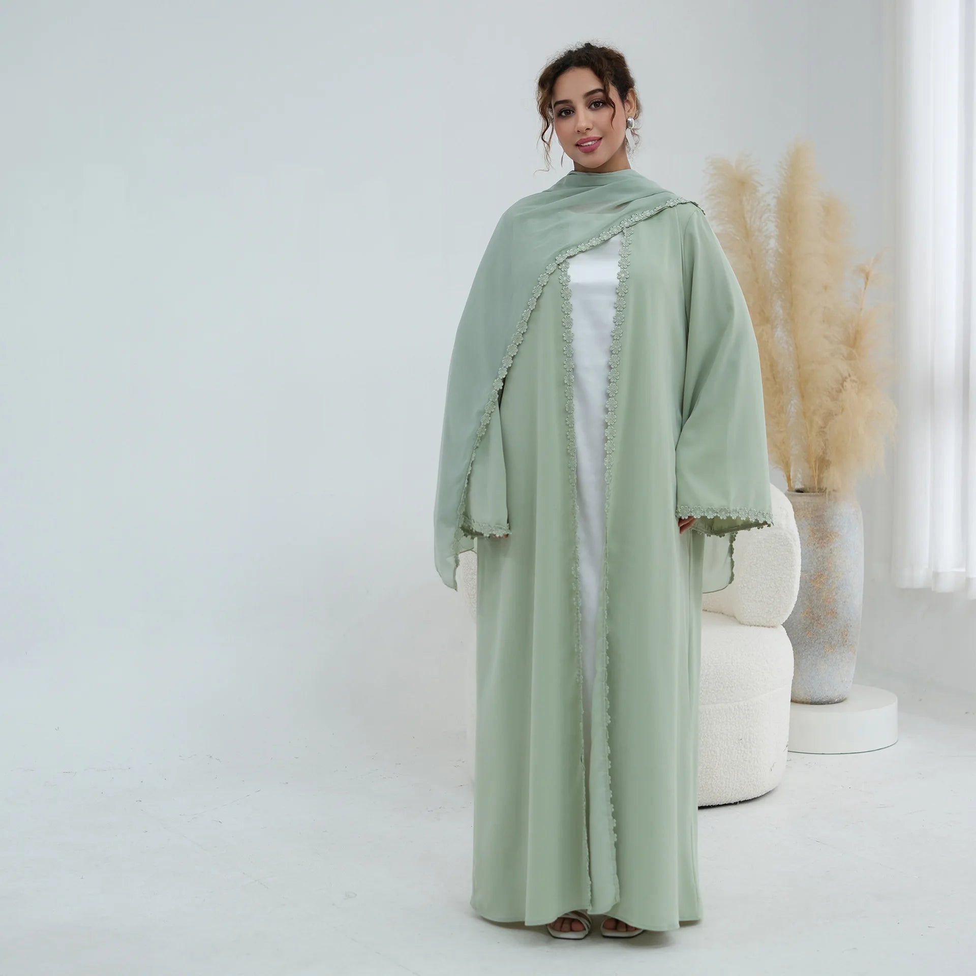 Eid Abaya with Hijab Set – Lace Detail Open Front Robe