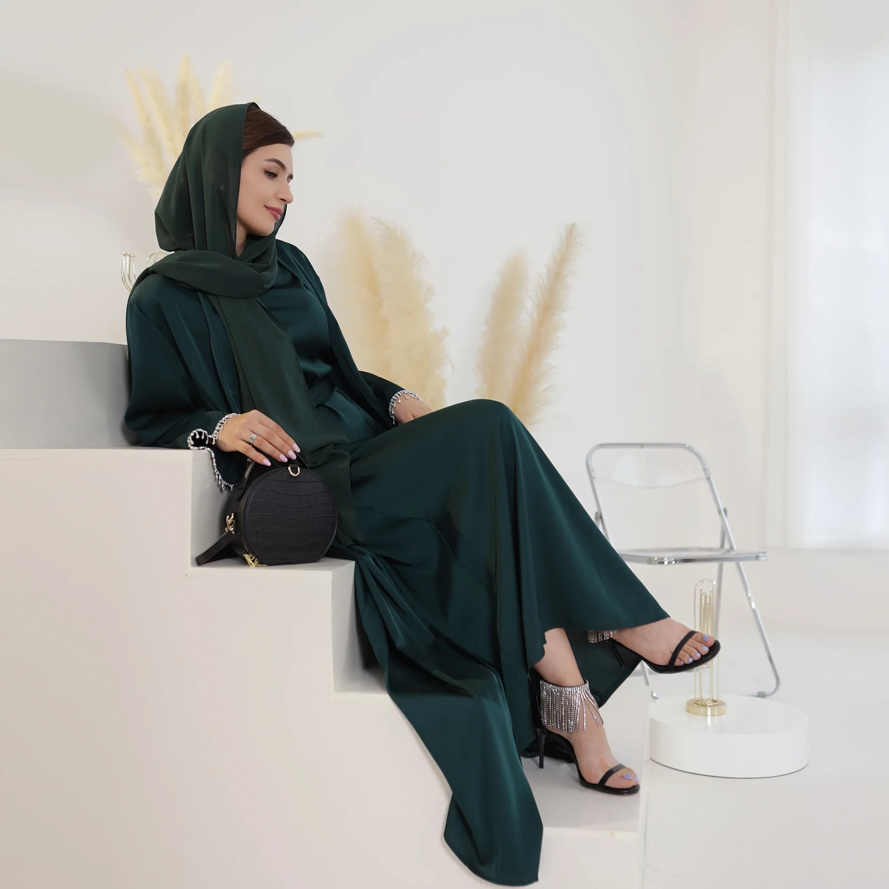 Nida Crystal Chain Evening Set – Cardigan, Dress & Chain | AbayaVida
