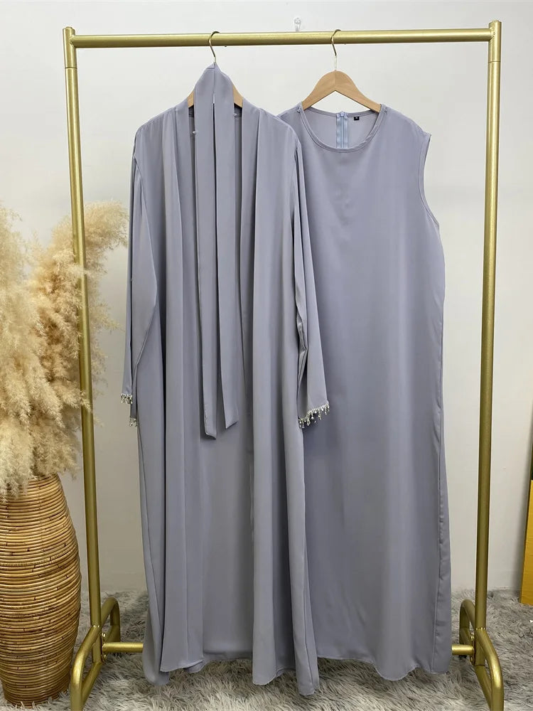 Nida Crystal Chain Evening Set – Cardigan, Dress & Chain | AbayaVida