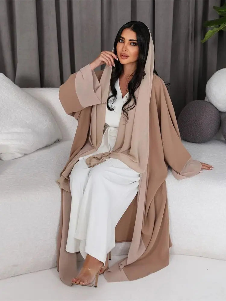 White & Khaki Kimono Abaya for Women – Open Front Cardigan Robe