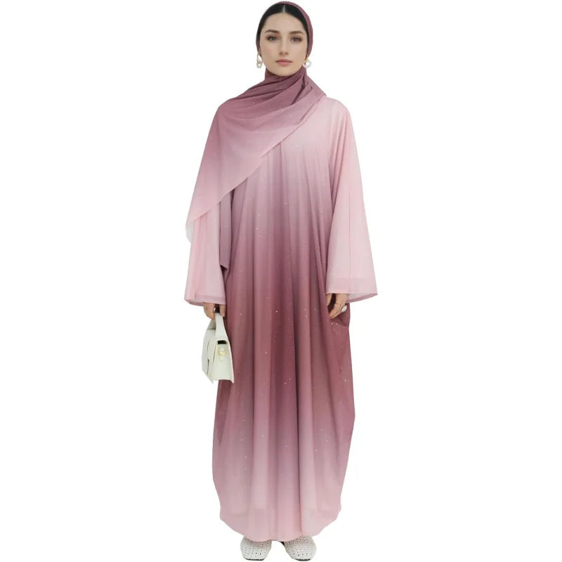 Gradient Sequin Chiffon Abaya Cardigan – Shimmer Open Front Robe with Hijab