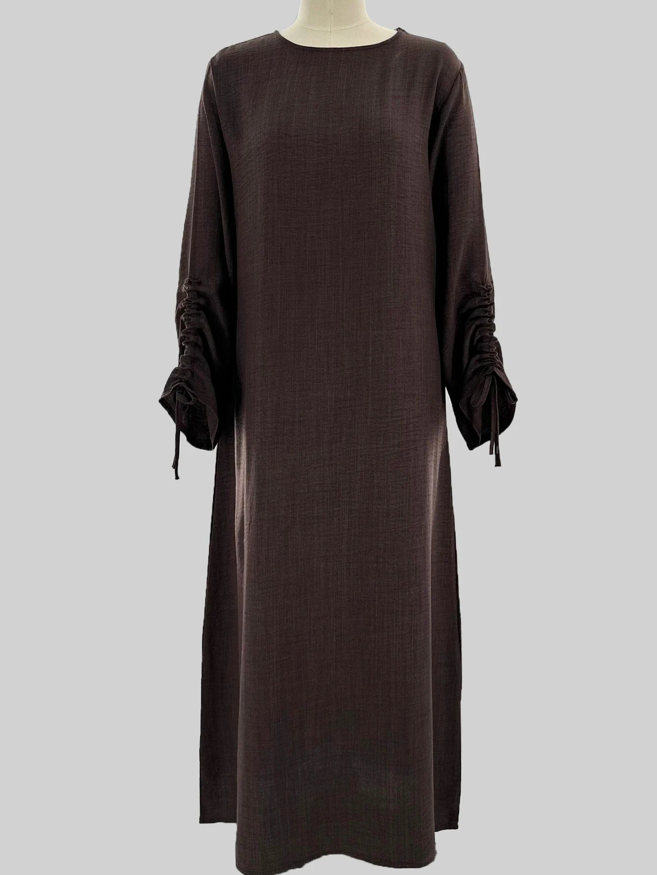 Lace-Up Sleeve Casual Robe – Closed Front Modest Dress - Coffee - M | AbayaVida