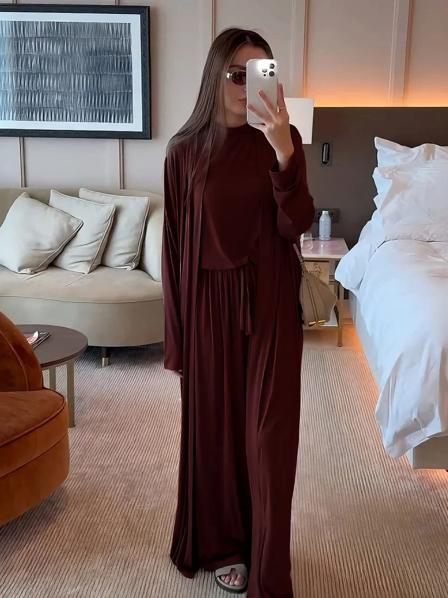 Dubai Three-Piece Abaya Set – Cardigan, Top & Trousers Coordinated Outfit