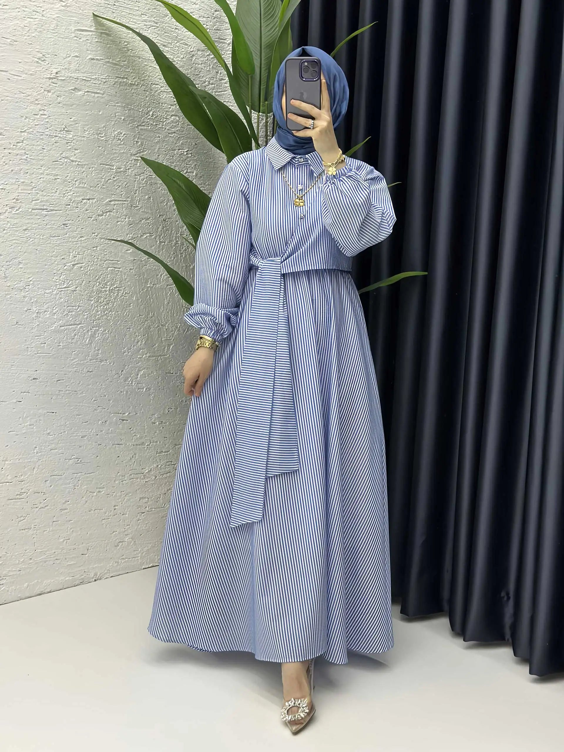 Belted Striped Modest Dress – Shirt Neckline Commute Robe - PInk - M | AbayaVida