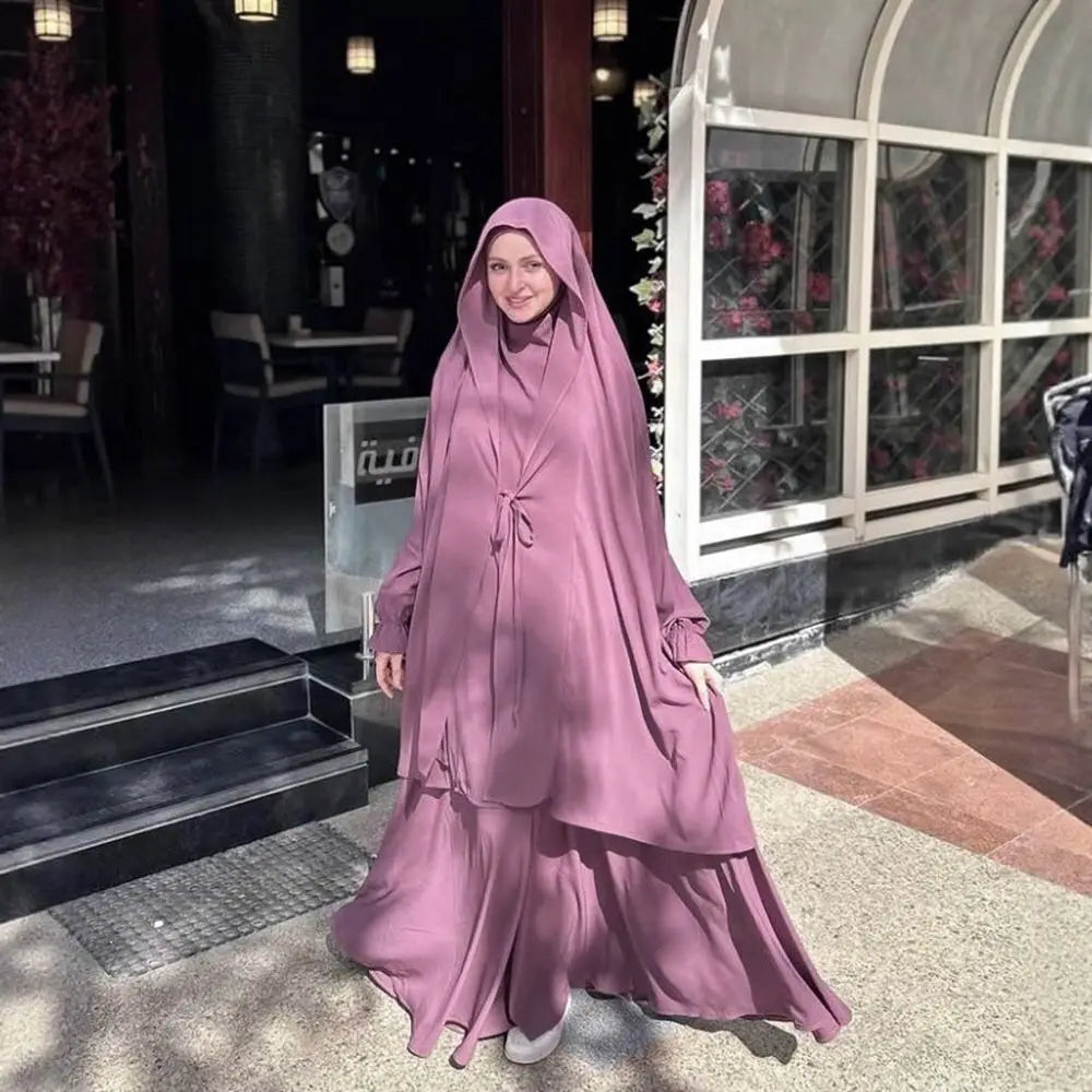 Long Khimar Skirt Prayer Set – Two-Piece Veil & Skirt, Uniform Size - Dark Coffee | AbayaVida