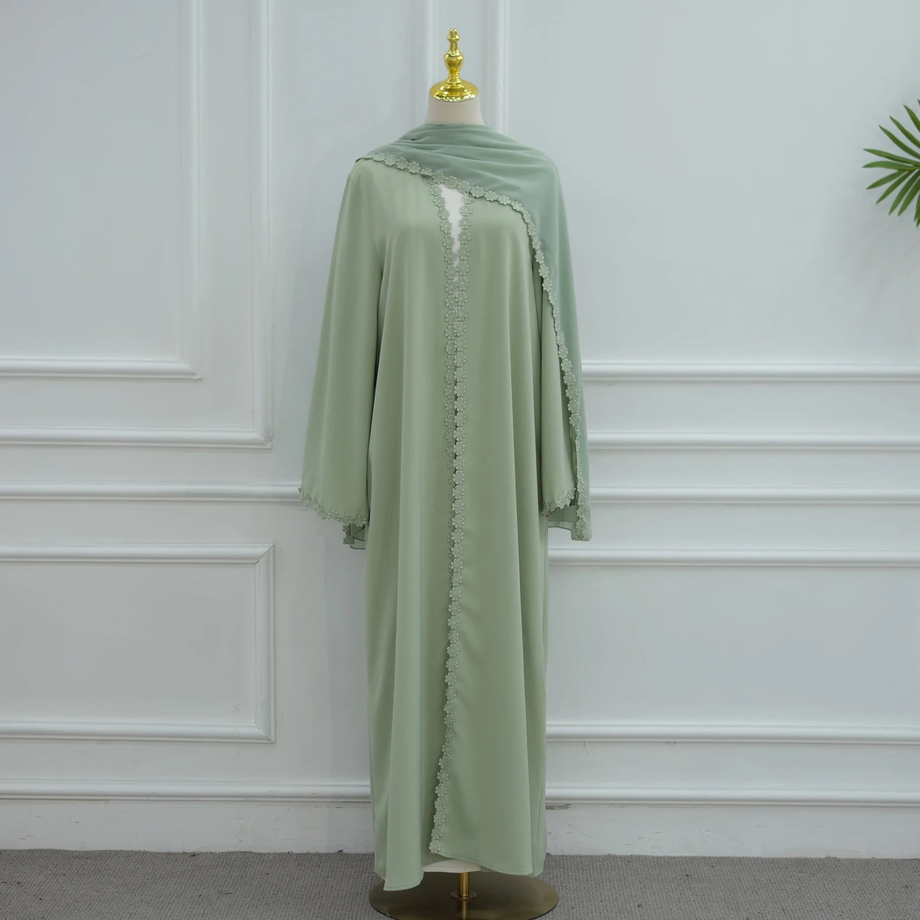Summer Lace Flower Abaya with Scarf – Open Front Robe, Side Pockets