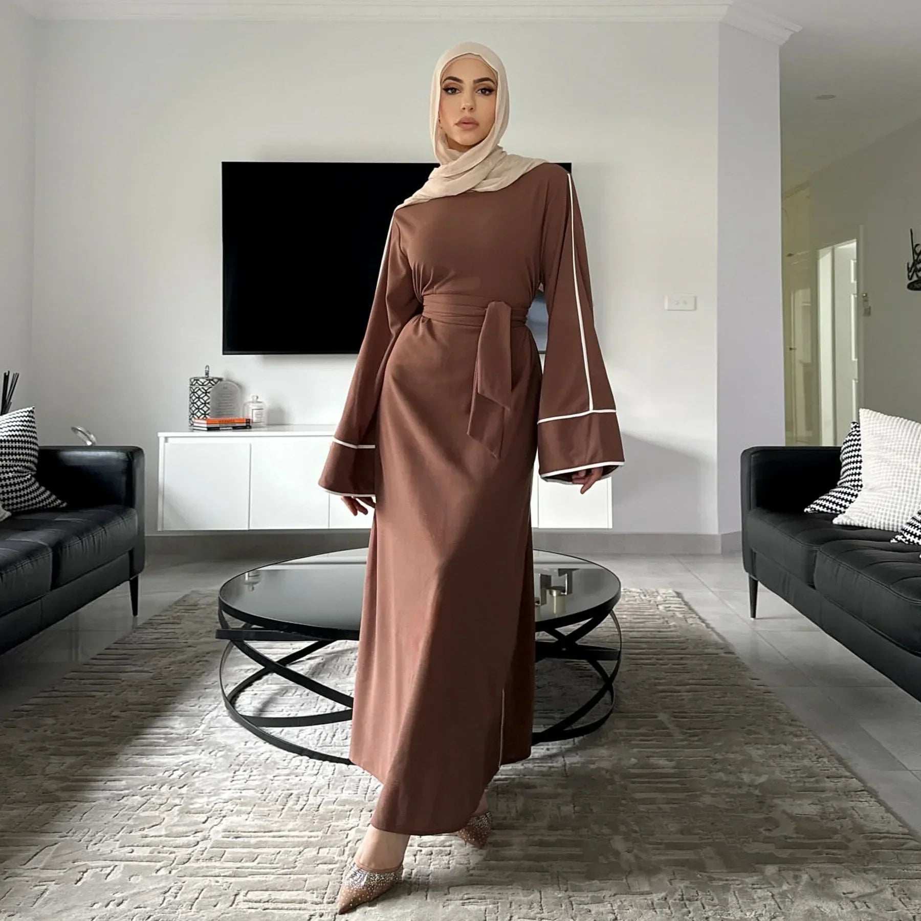 Brown Belted Abaya - Abaya Vida