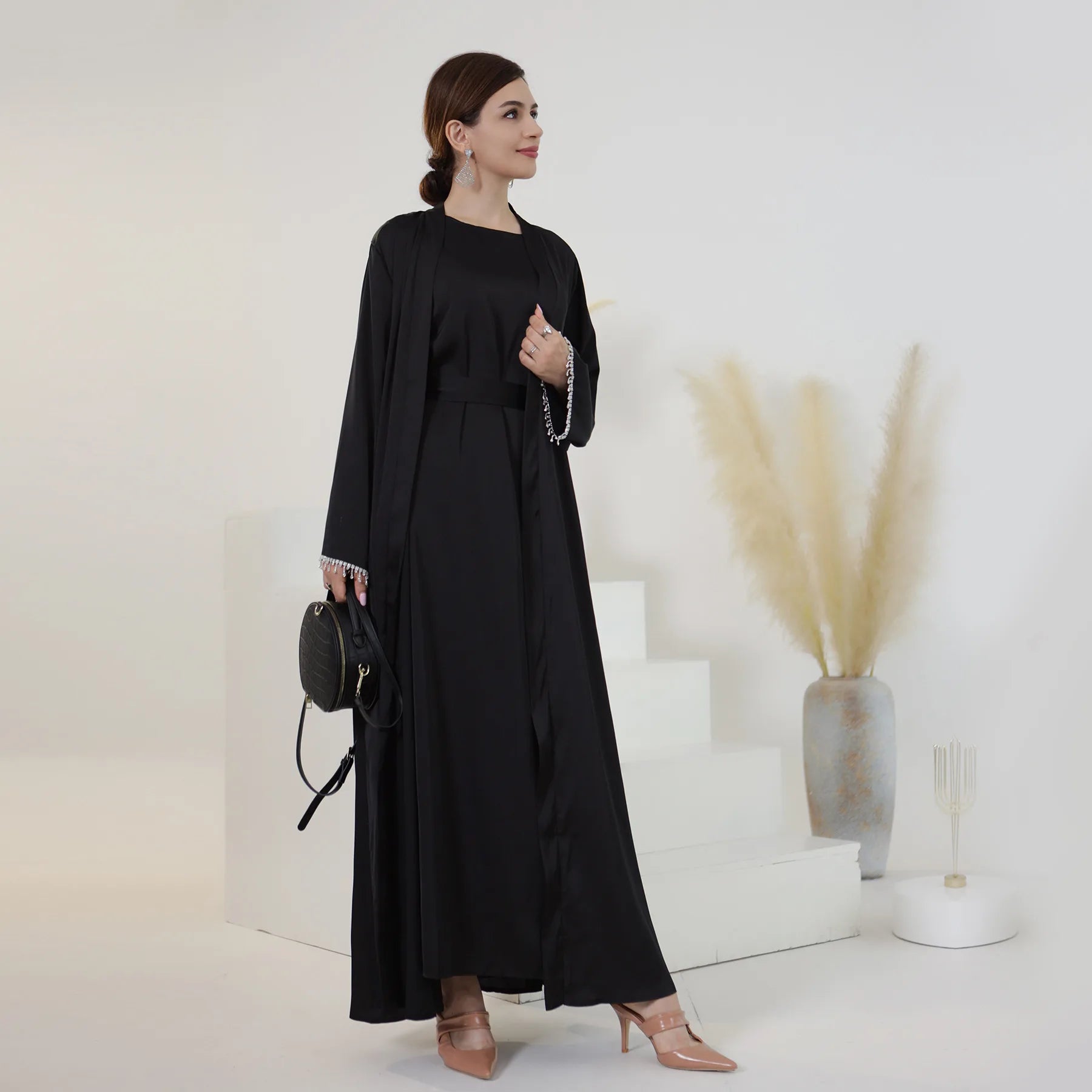 Nida Crystal Chain Evening Set – Cardigan, Dress & Chain - Coffee - L | AbayaVida