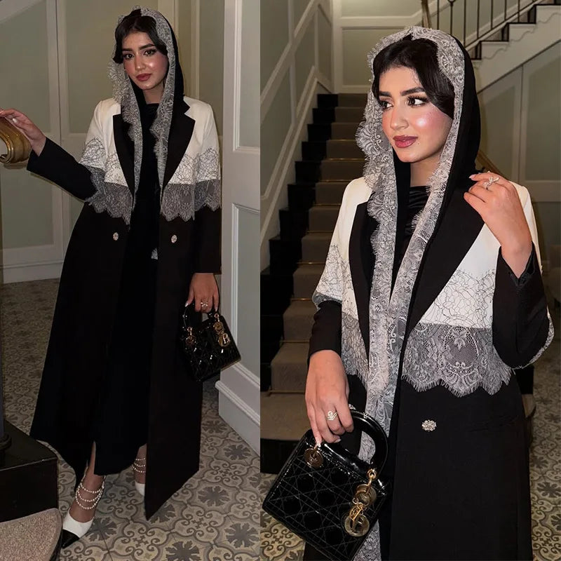 Modest Lace Trim Abaya – Open Front Robe with Lapel Collar