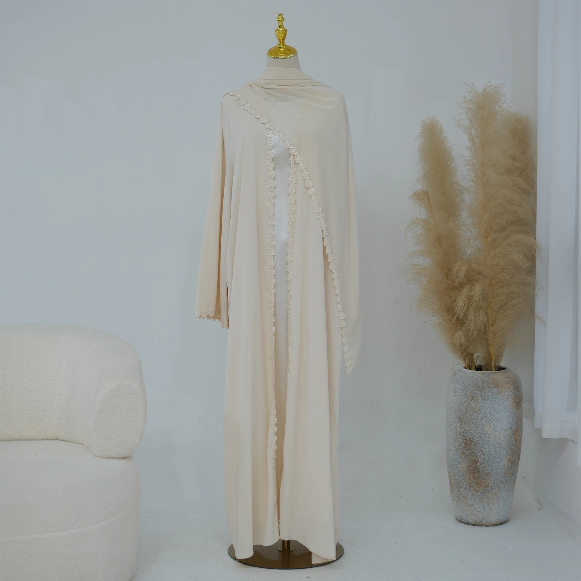 Summer Lace Flower Abaya with Scarf – Open Front Robe, Side Pockets