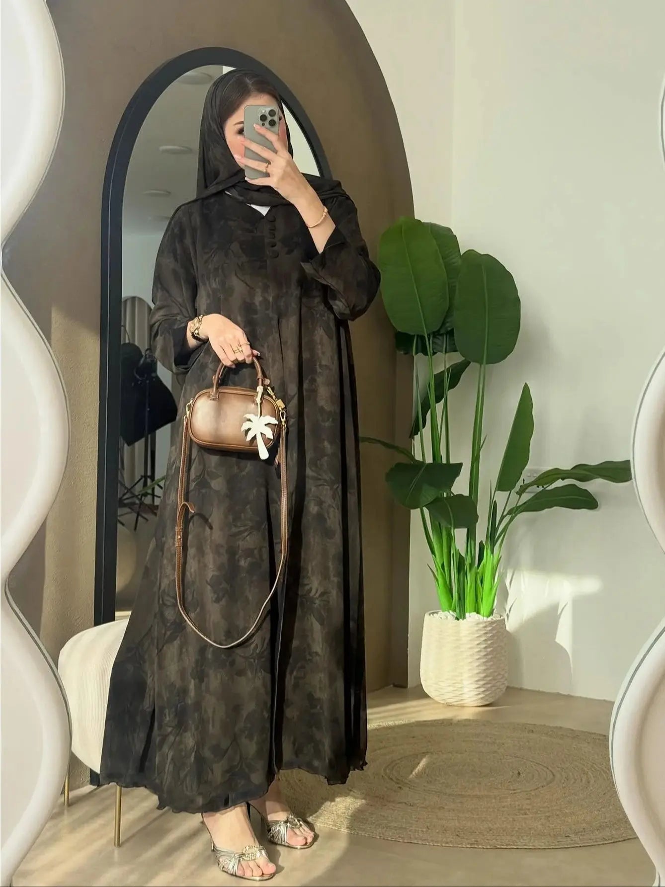 Printed Abaya with Headscarf – Traditional Festival Robe, One Size