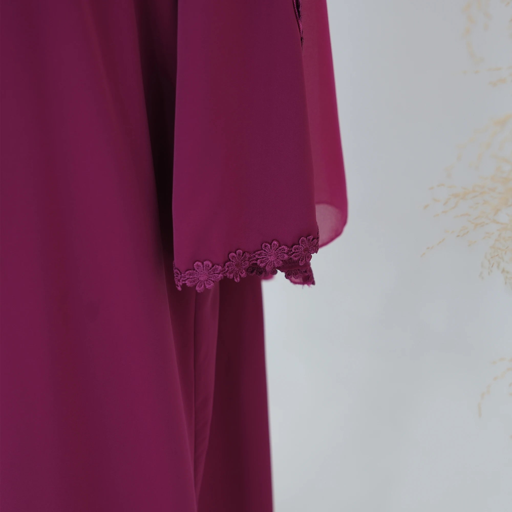 Summer Lace Flower Abaya with Scarf – Open Front Robe, Side Pockets