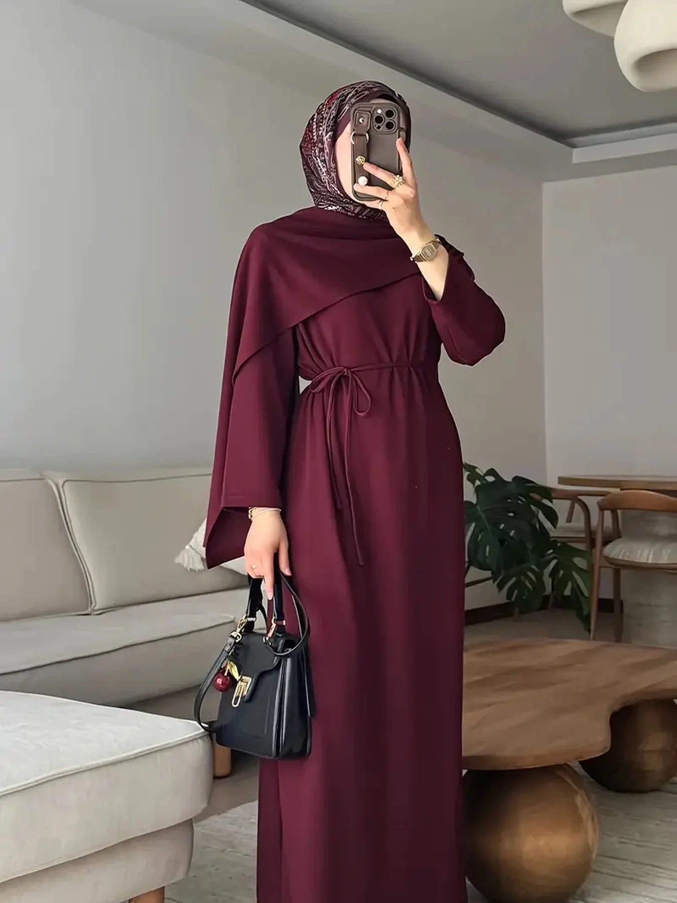 Lace-Up Solid Colour Abaya Dress – Elegant Long Sleeve Robe