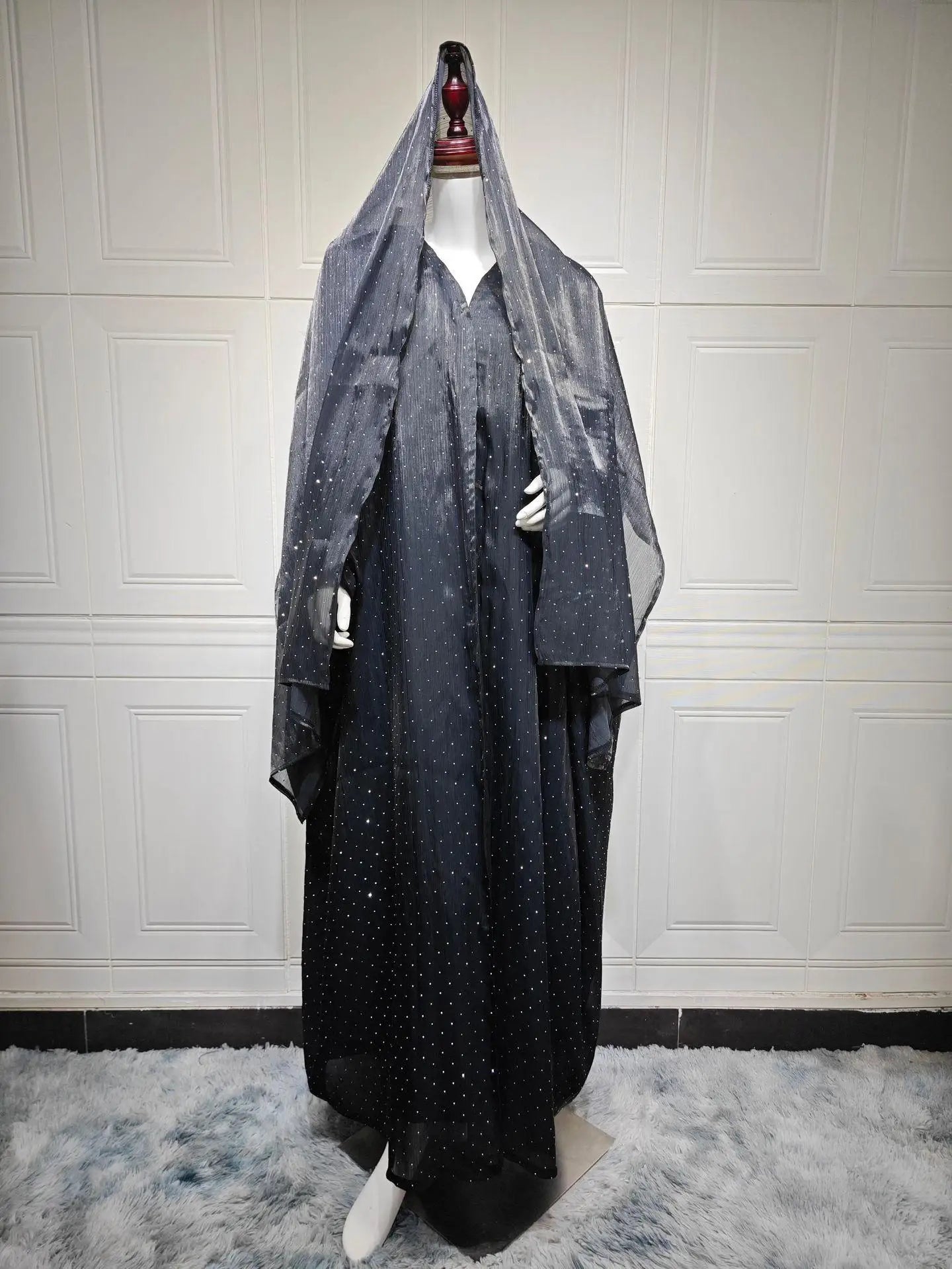 Luxurious Rhinestone Abaya Set with Headscarf – Draped Kaftan, One Size | AbayaVida