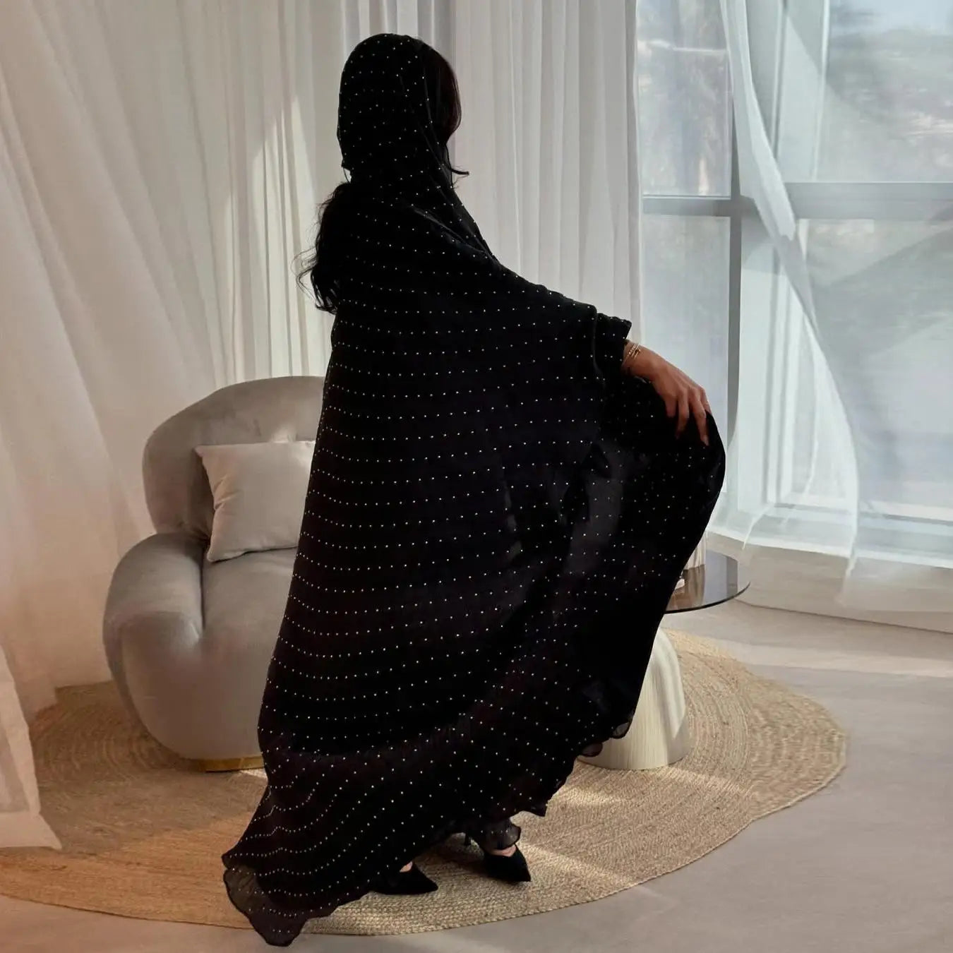 Luxurious Rhinestone Abaya Set with Headscarf – Draped Kaftan, One Size | AbayaVida