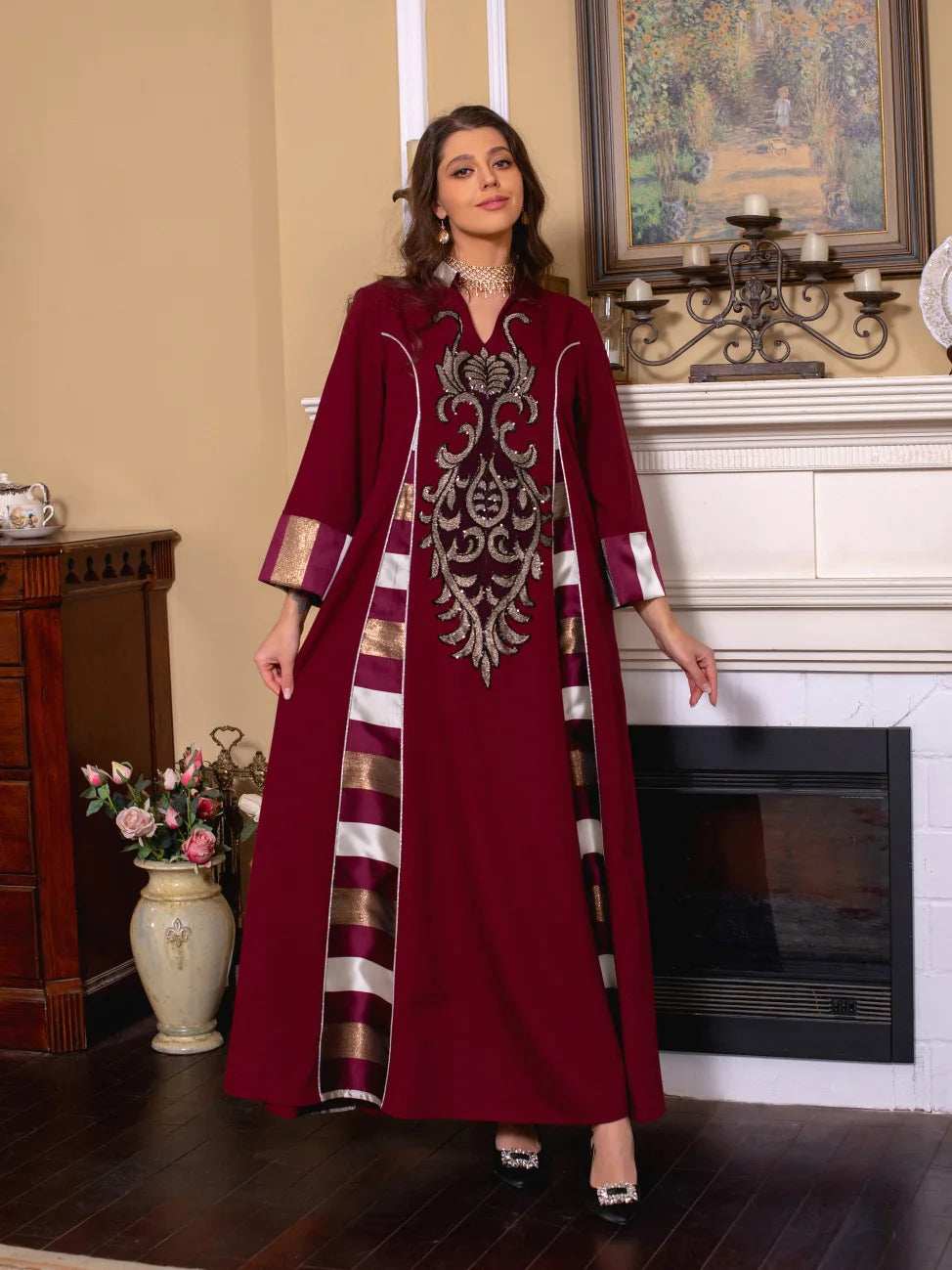 Embroidered Stripe Abaya - Abaya Vida
