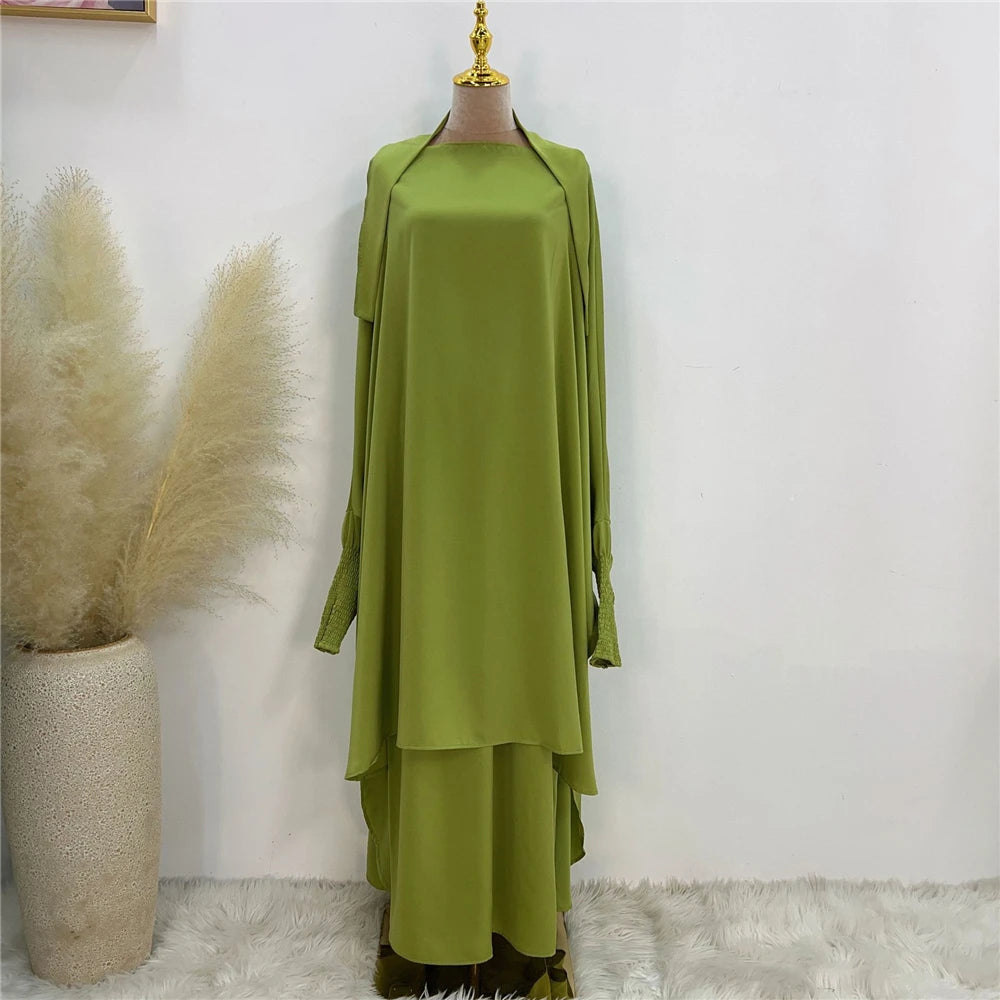 Eid Djellaba Kebaya Two-Piece Set – Hooded Satin Khimar & Skirt, One Size