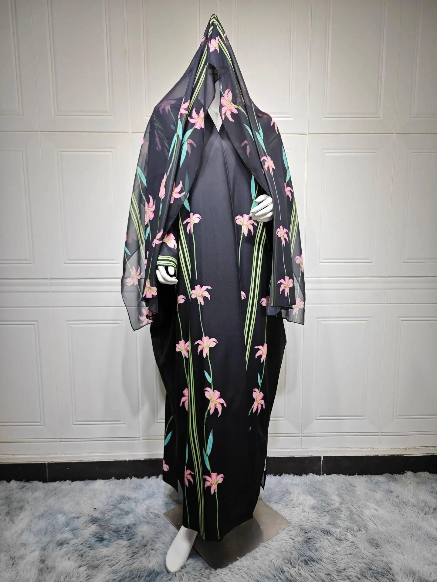 Embroidered Two-Piece Cardigan Abaya with Hijab – Button Closure, One Size