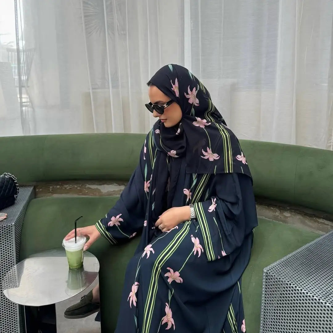 Embroidered Two-Piece Cardigan Abaya with Hijab – Button Closure, One Size