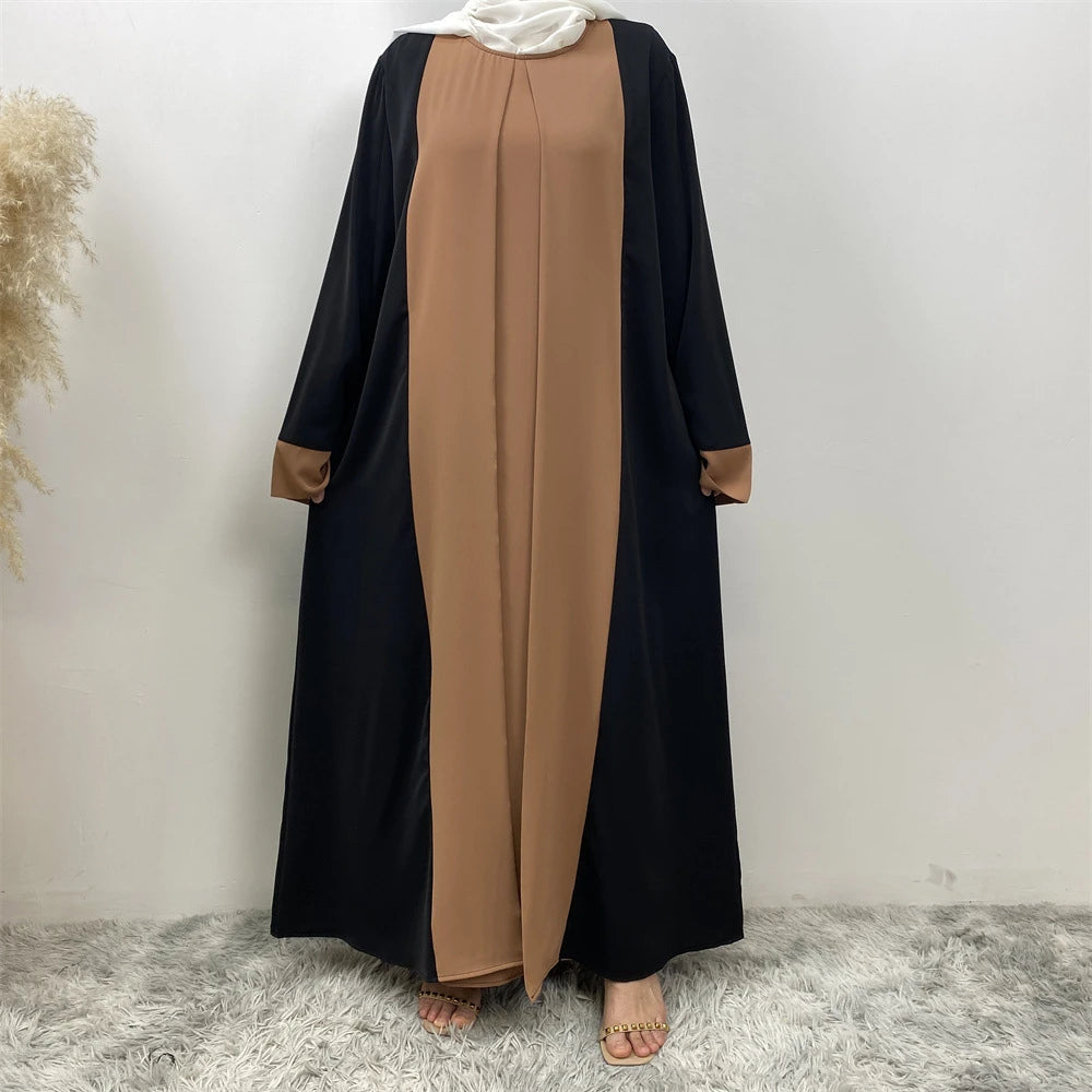 Luxury Splicing Faux Two-Piece Abaya – Zip Front Colour-Block Robe