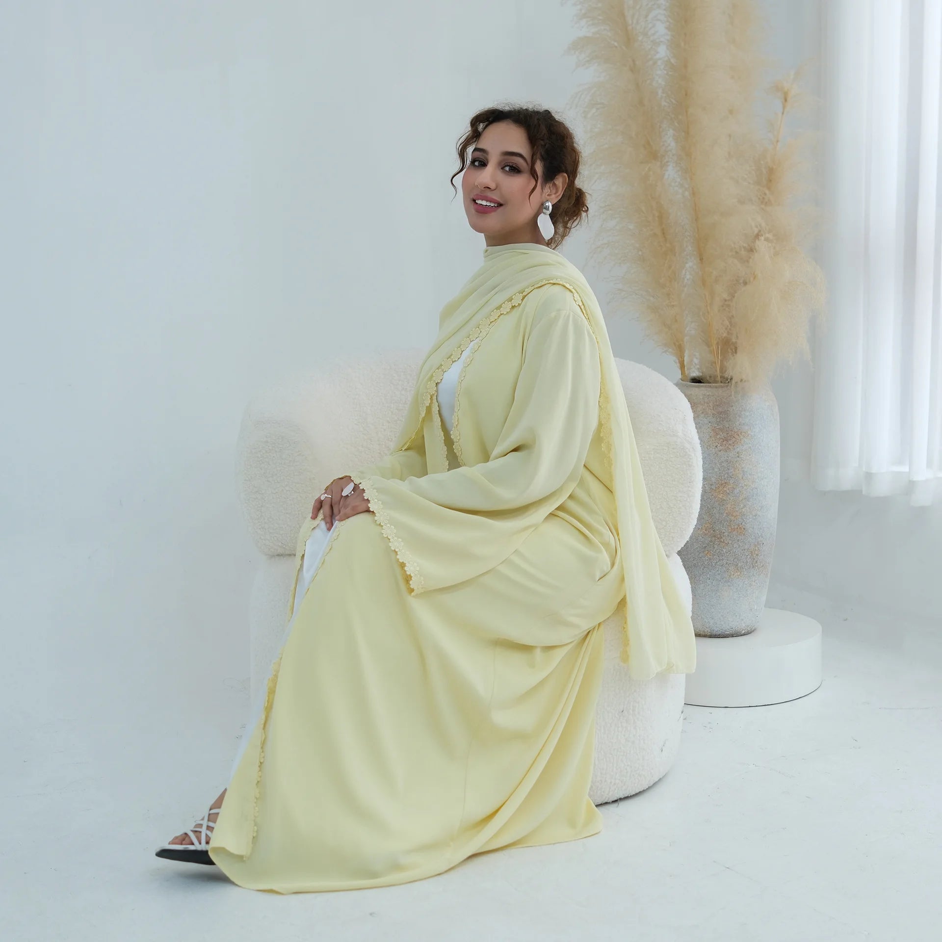 Eid Abaya with Hijab Set – Lace Detail Open Front Robe