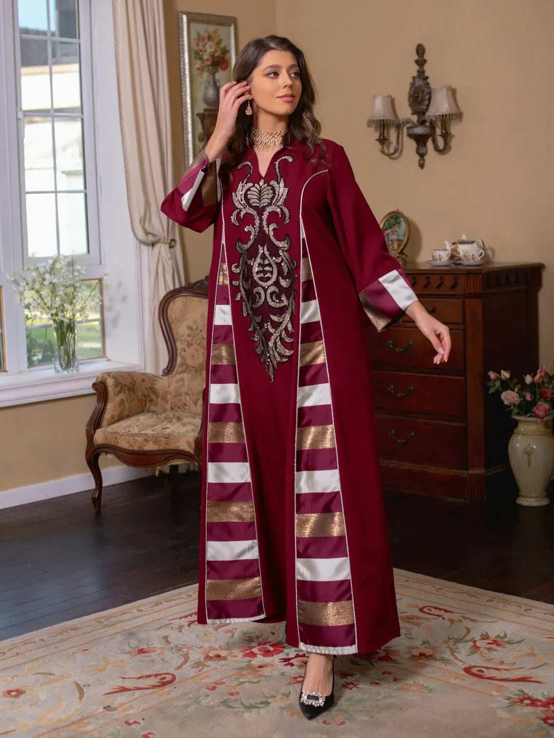 Embroidered Stripe Abaya - Abaya Vida