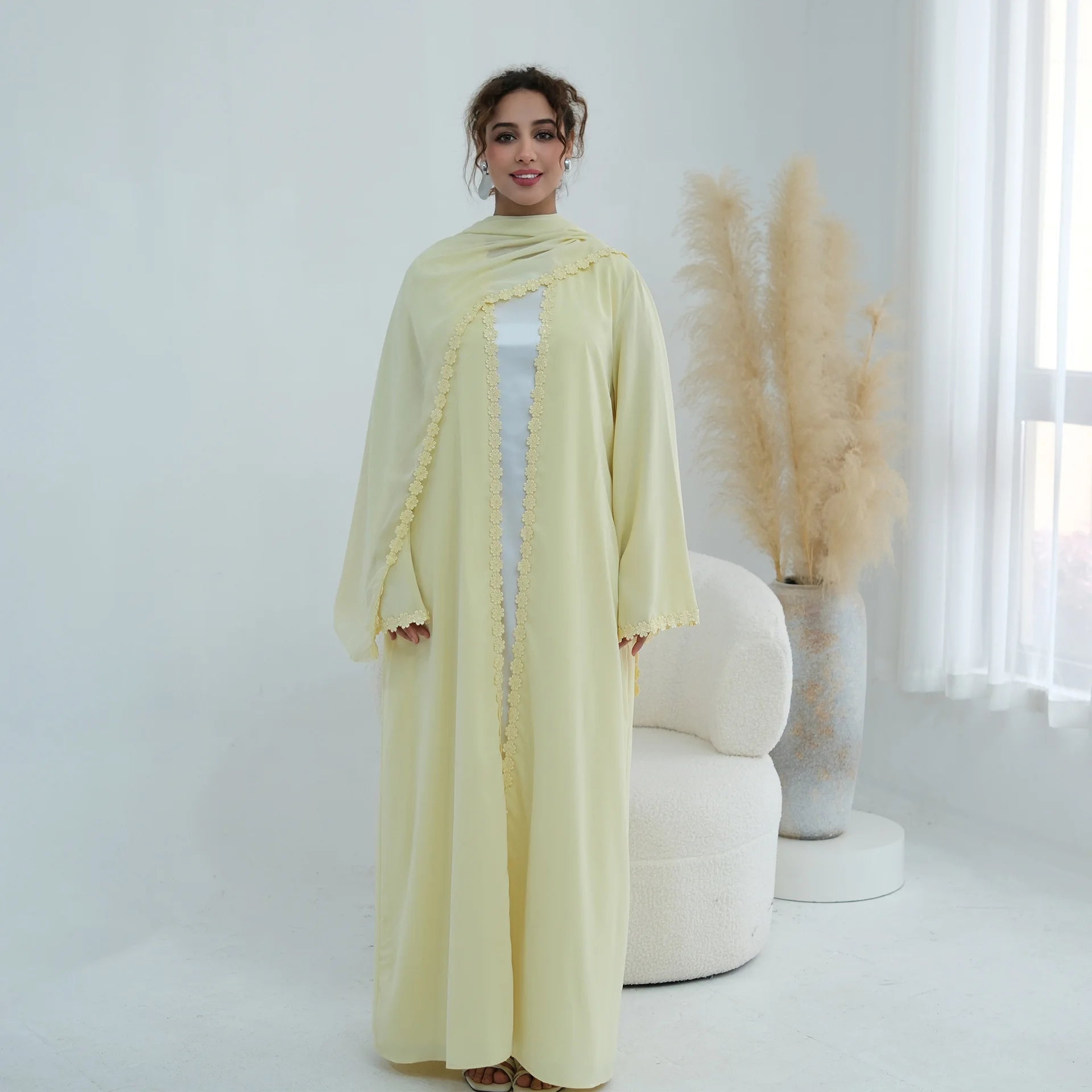 Eid Abaya with Hijab Set – Lace Detail Open Front Robe