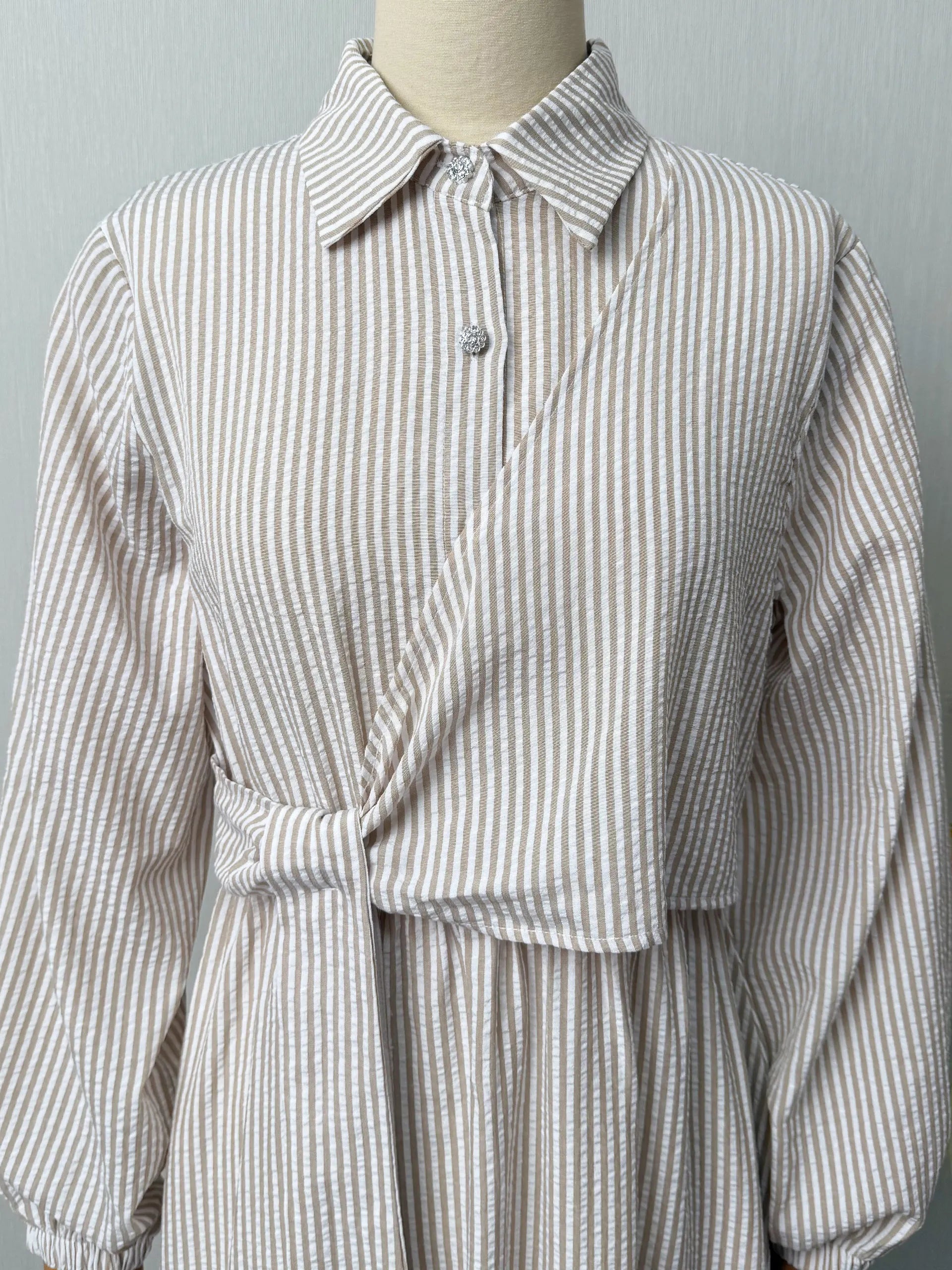 Belted Striped Modest Dress – Shirt Neckline Commute Robe | AbayaVida