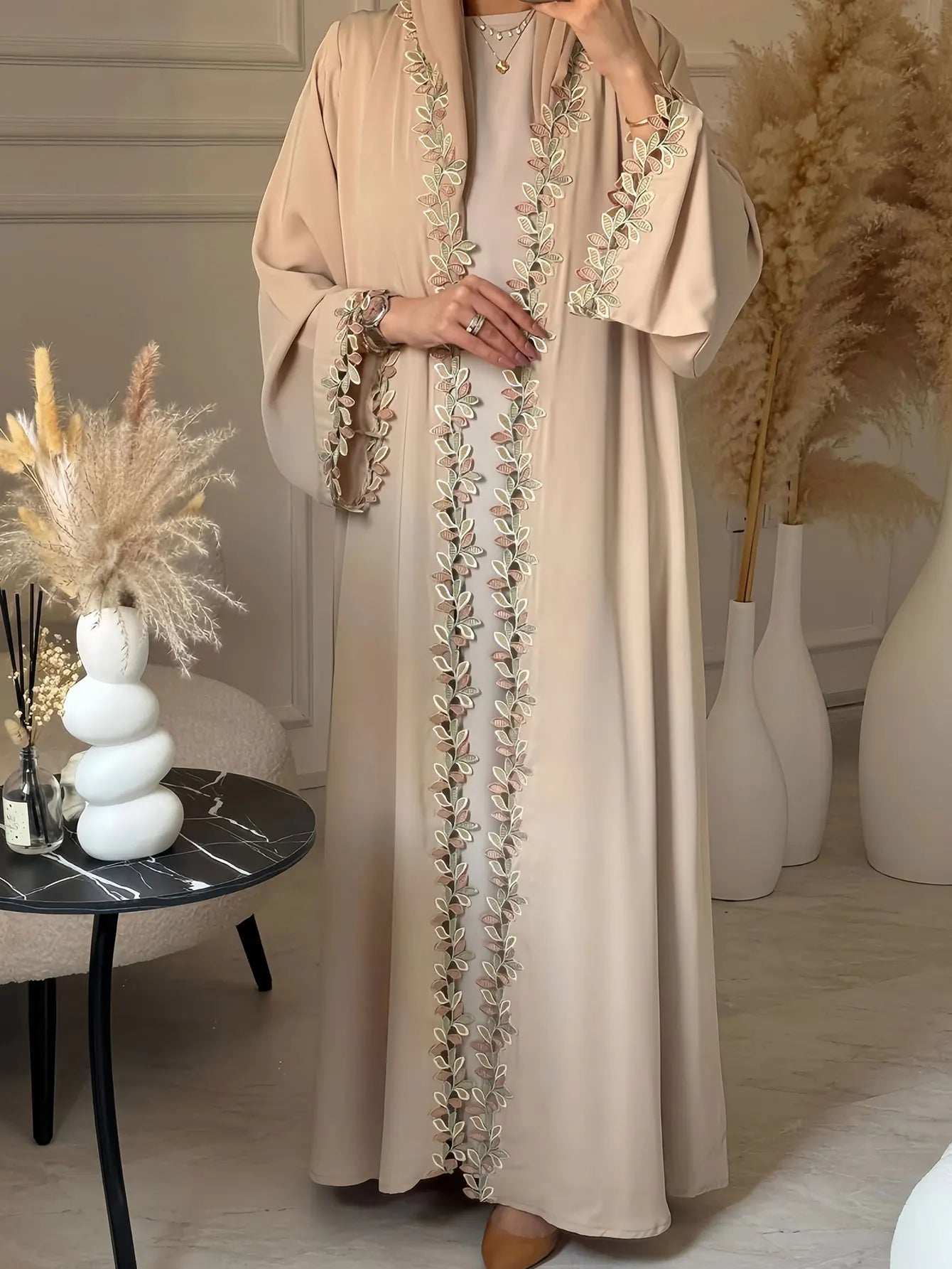 Beige Harmony Embroidered Abaya - Abaya Vida