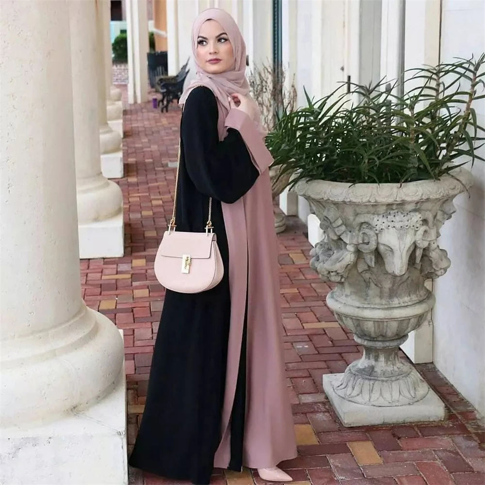 Luxury Splicing Faux Two-Piece Abaya – Zip Front Colour-Block Robe