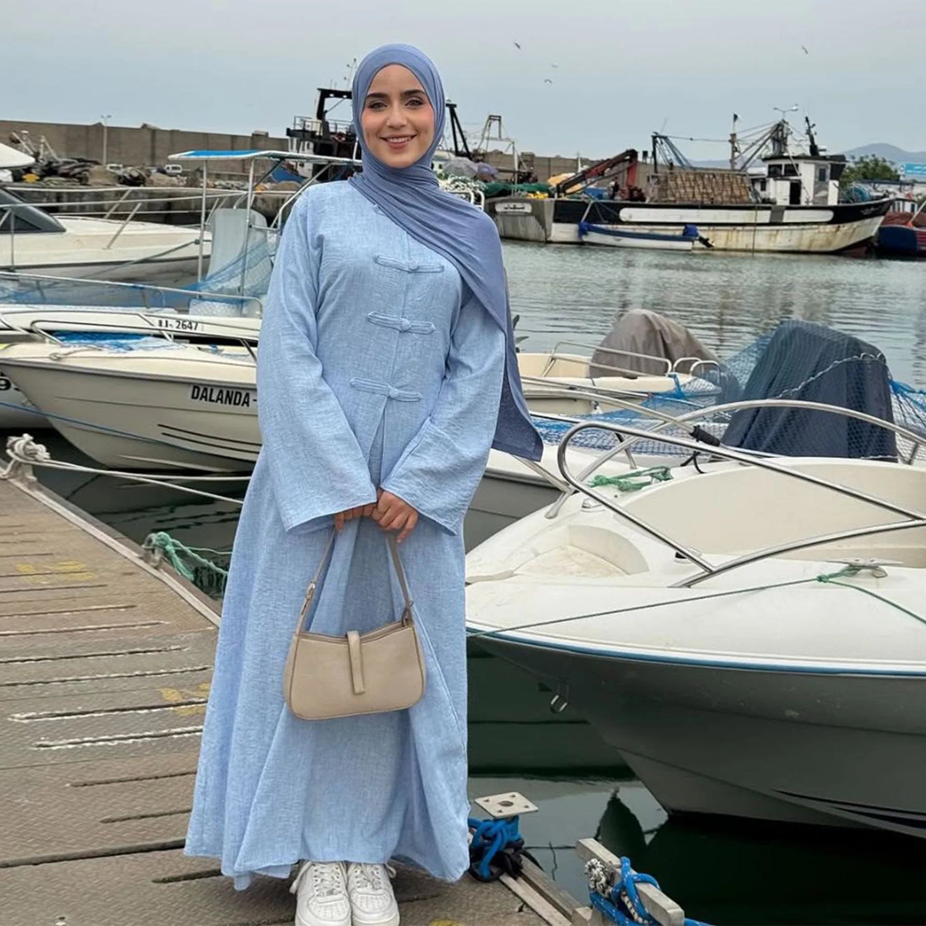 Two-Piece Arabic Modest Abaya Set – Cardigan & Inner Dress - Green - L | AbayaVida