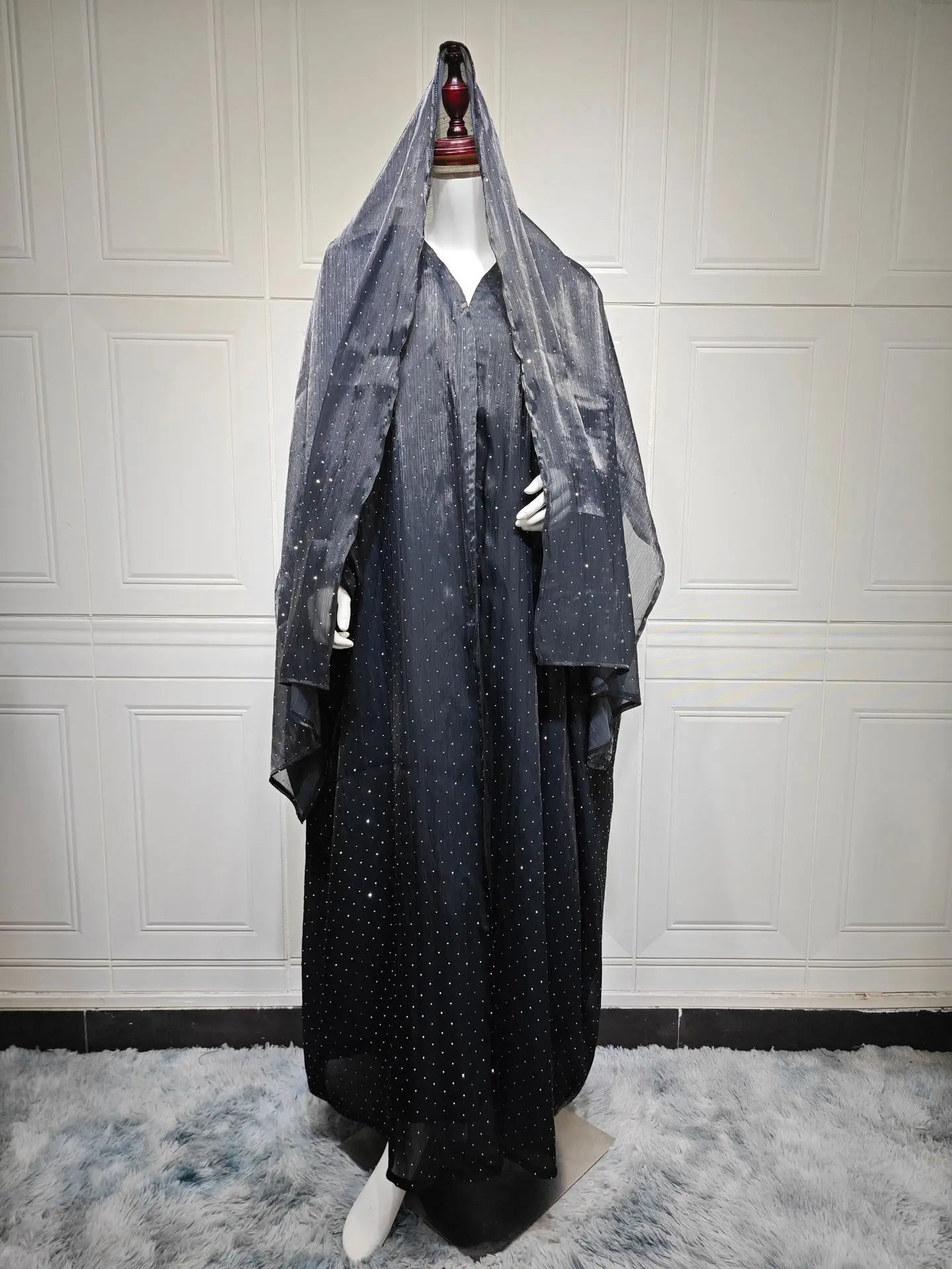 Luxurious Rhinestone Abaya Set with Headscarf – Draped Kaftan, One Size | AbayaVida