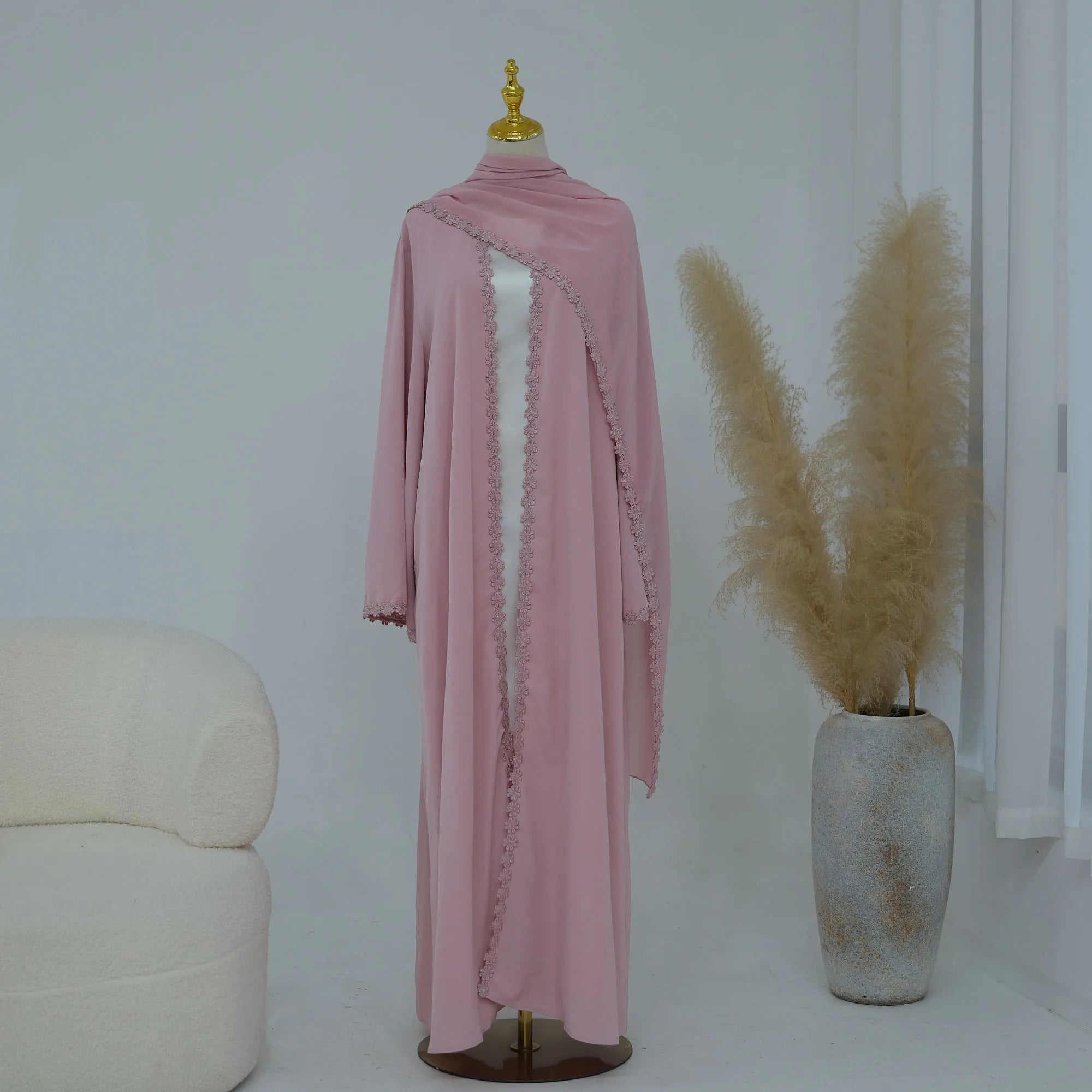 Summer Lace Flower Abaya with Scarf – Open Front Robe, Side Pockets