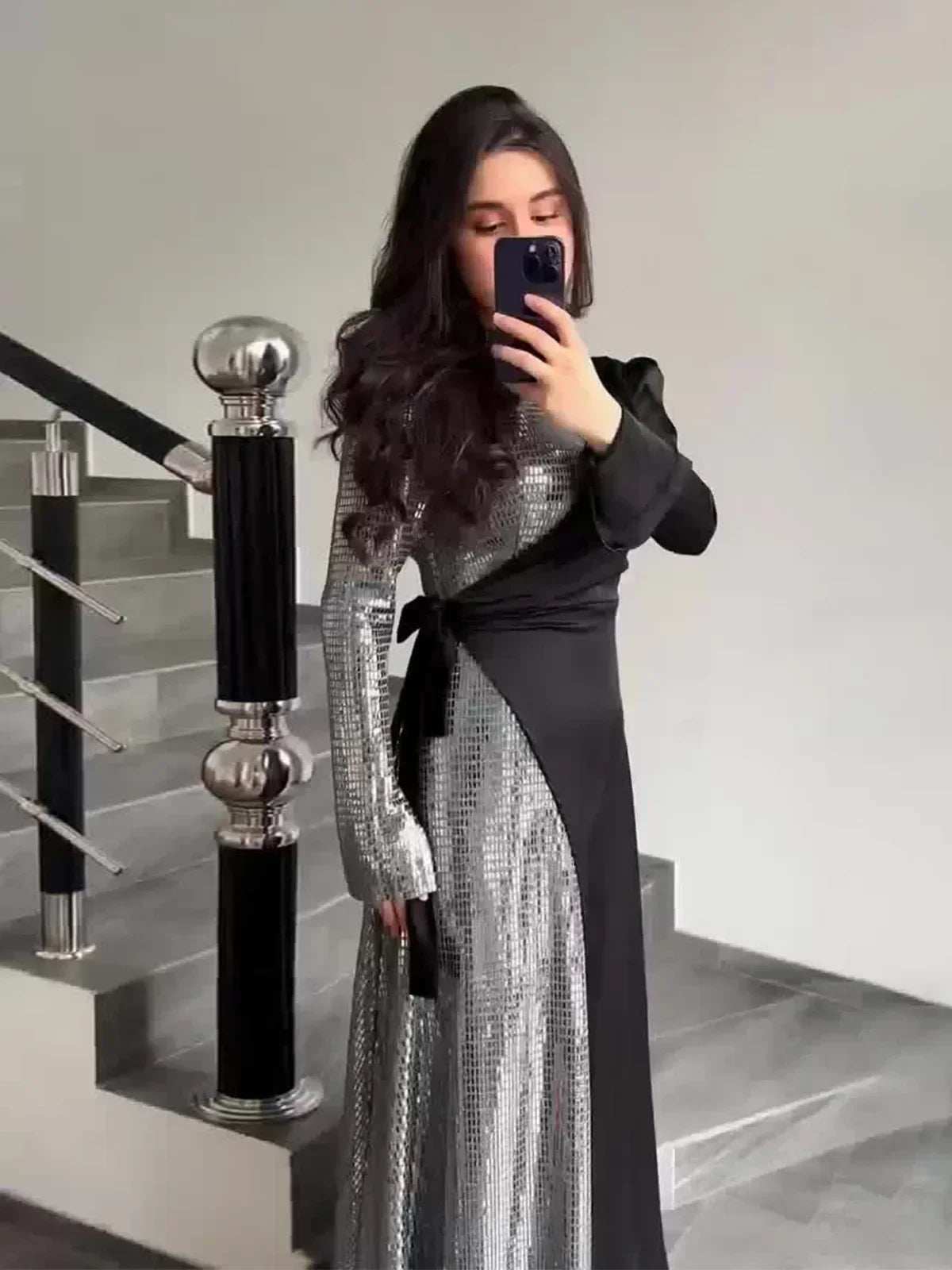 Radiant Sequin High Collar Abaya - Abaya Vida