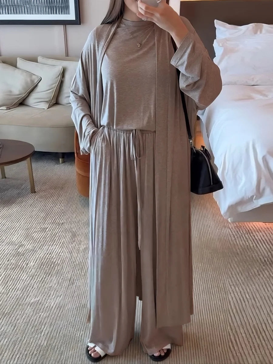 Dubai Three-Piece Abaya Set – Cardigan, Top & Trousers Coordinated Outfit