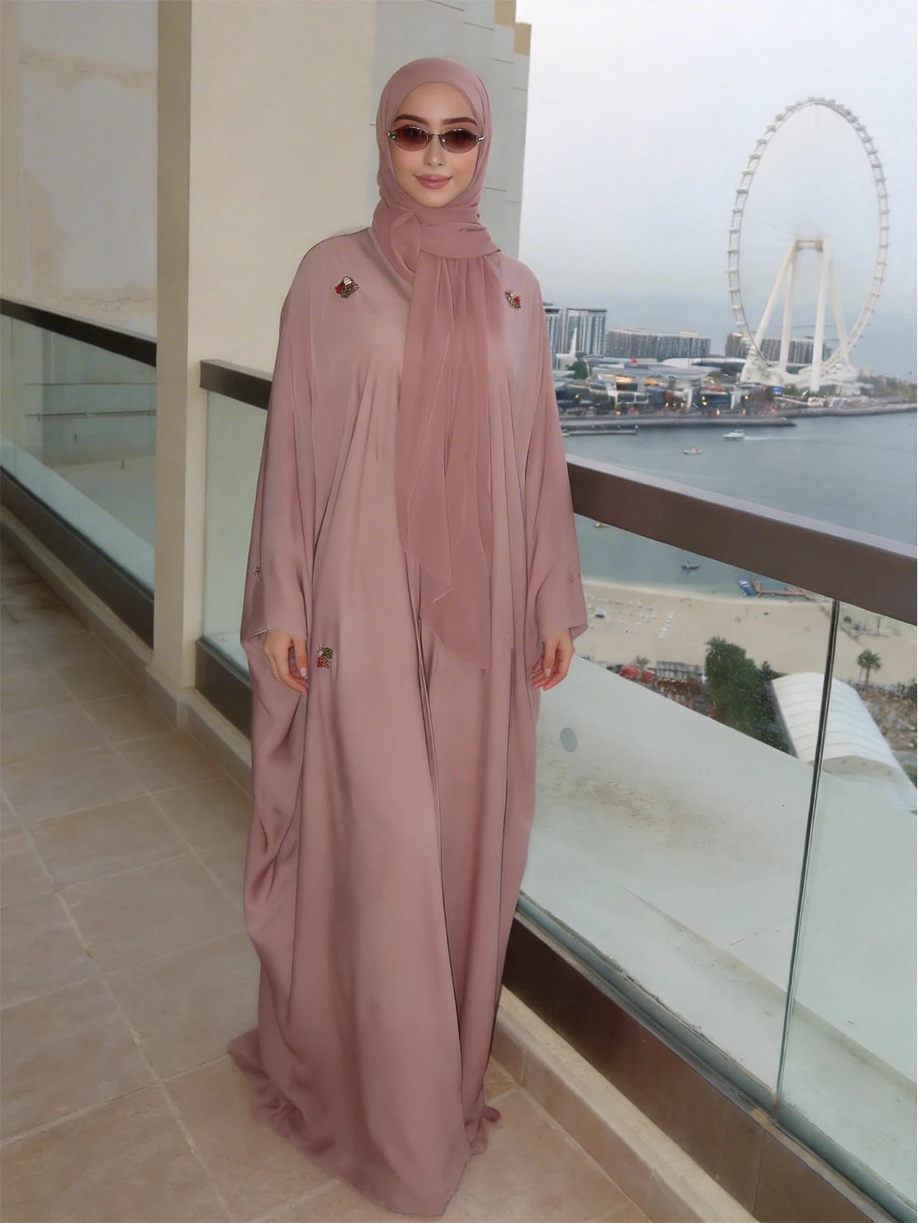 Pink Batwing Sleeve Abaya – Open Front Robe, One Size | AbayaVida