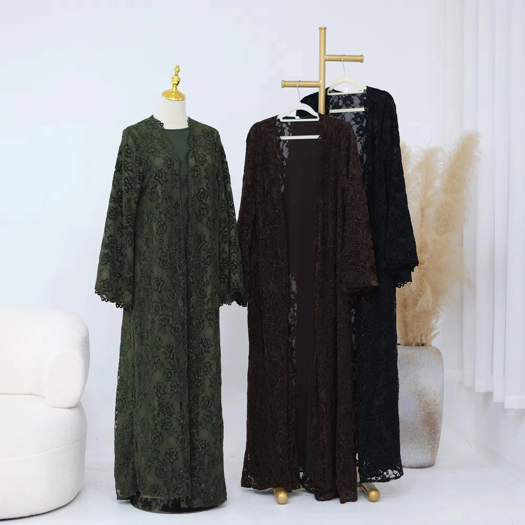 Zahraa Beaded Kimono Abaya – Lined Lace Open Front Robe - Green - XXL | AbayaVida