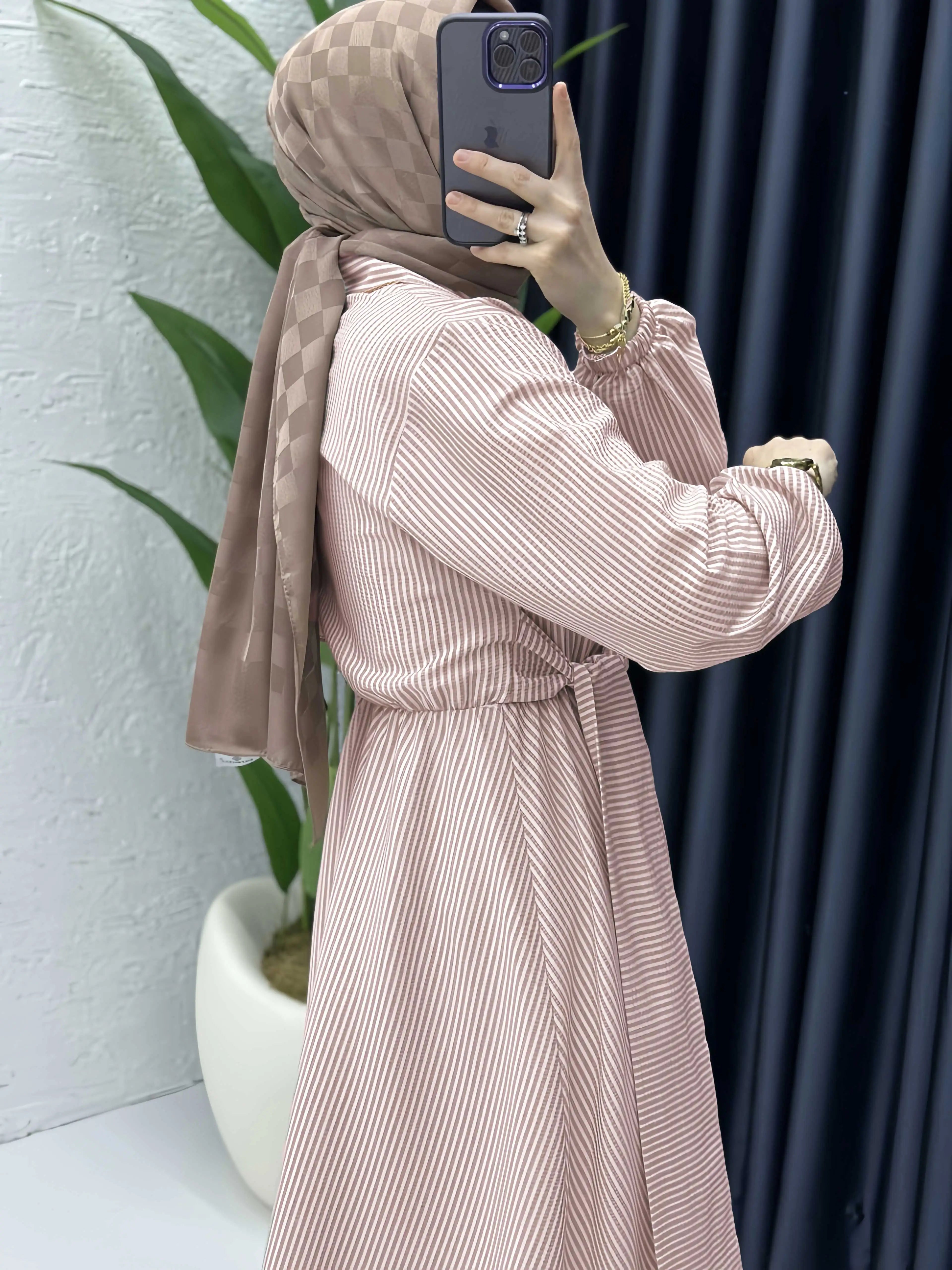 Belted Striped Modest Dress – Shirt Neckline Commute Robe - Khaki - XL | AbayaVida