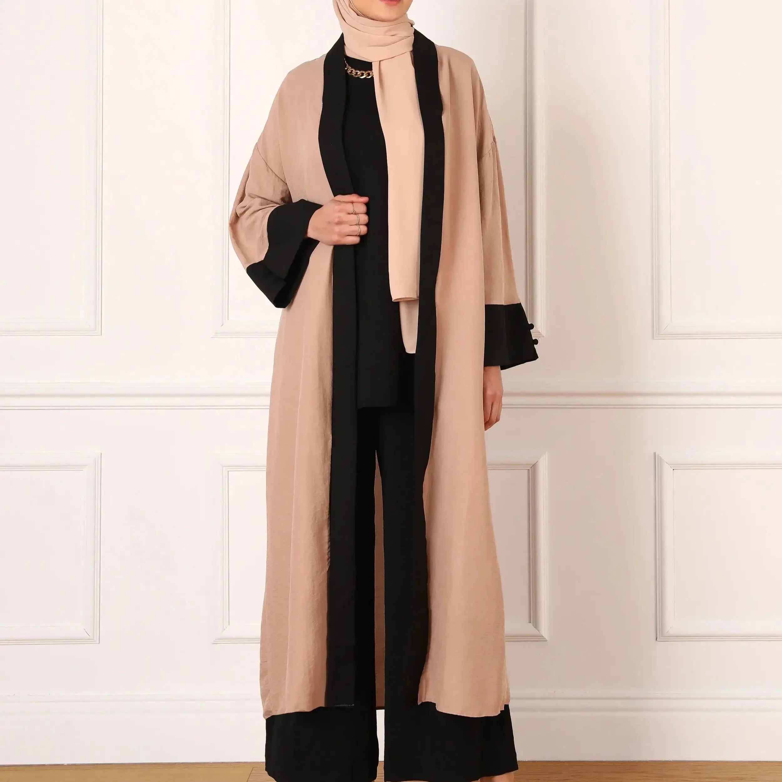 Pink Patchwork Abaya Cardigan – Open Front Robe | AbayaVida