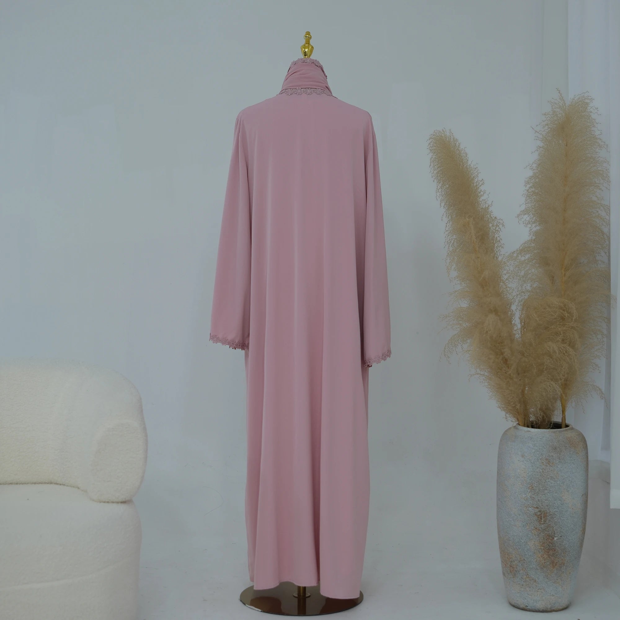 Summer Lace Flower Abaya with Scarf – Open Front Robe, Side Pockets