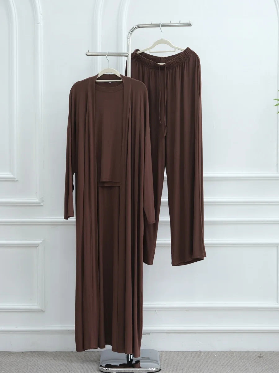 Dubai Three-Piece Abaya Set – Cardigan, Top & Trousers Coordinated Outfit