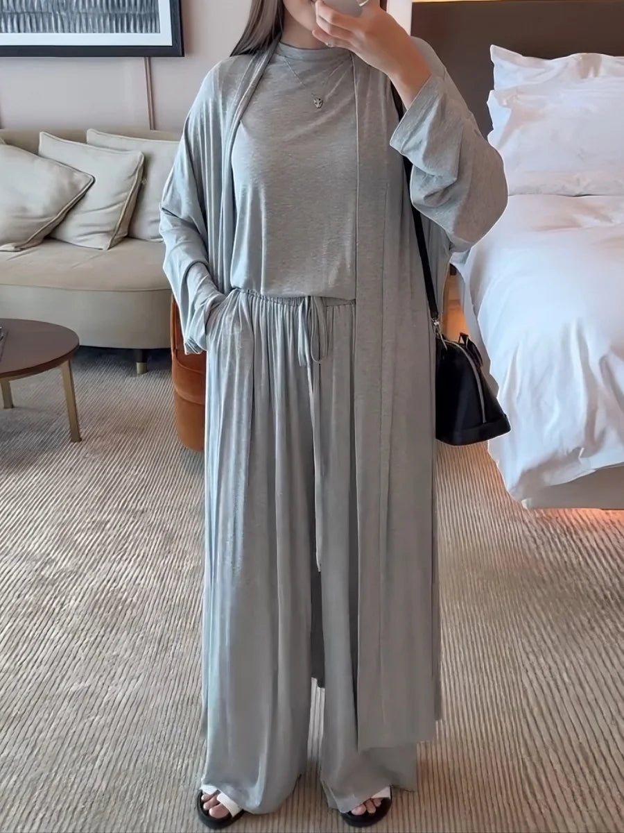 Dubai Three-Piece Abaya Set – Cardigan, Top & Trousers Coordinated Outfit