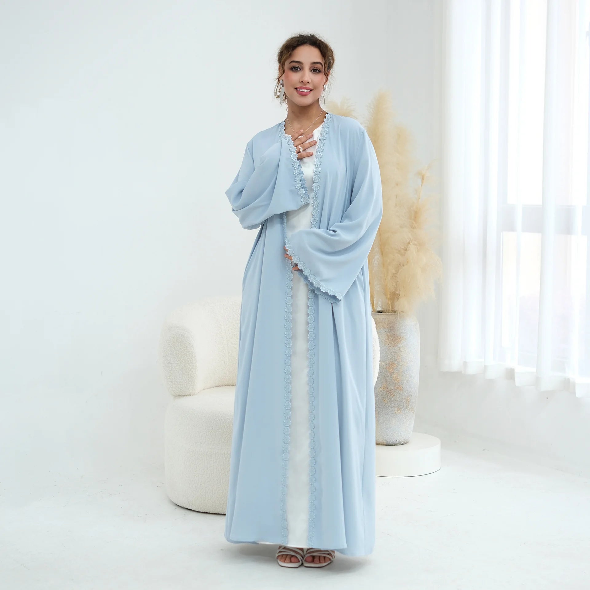 Eid Abaya with Hijab Set – Lace Detail Open Front Robe