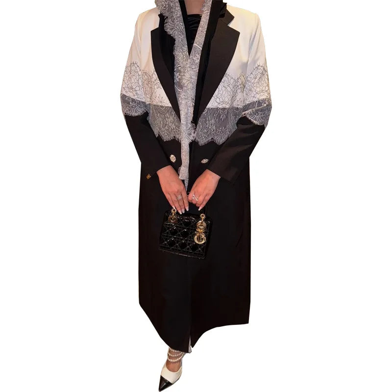 Modest Lace Trim Abaya – Open Front Robe with Lapel Collar