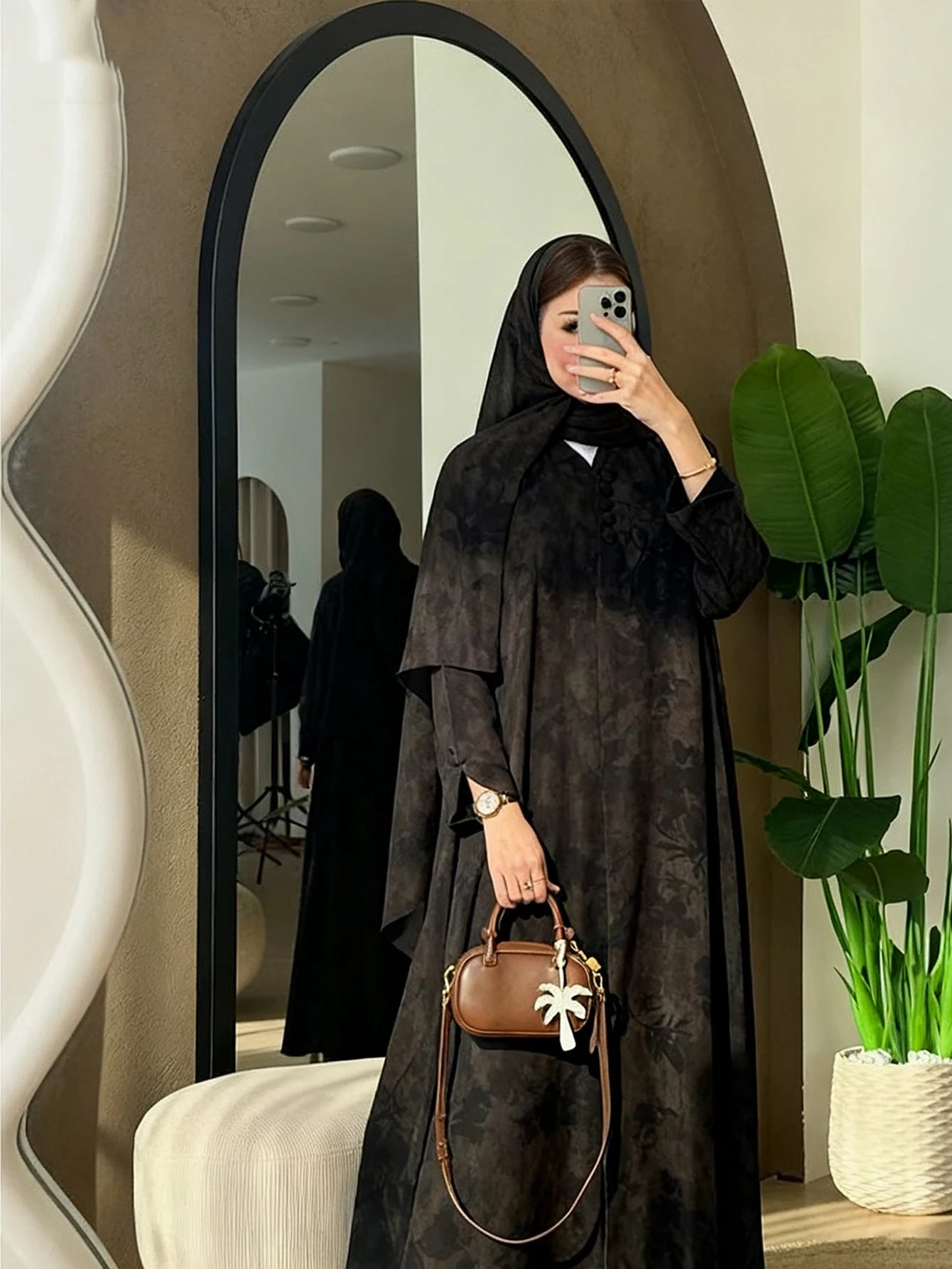 Printed Abaya with Headscarf – Traditional Festival Robe, One Size